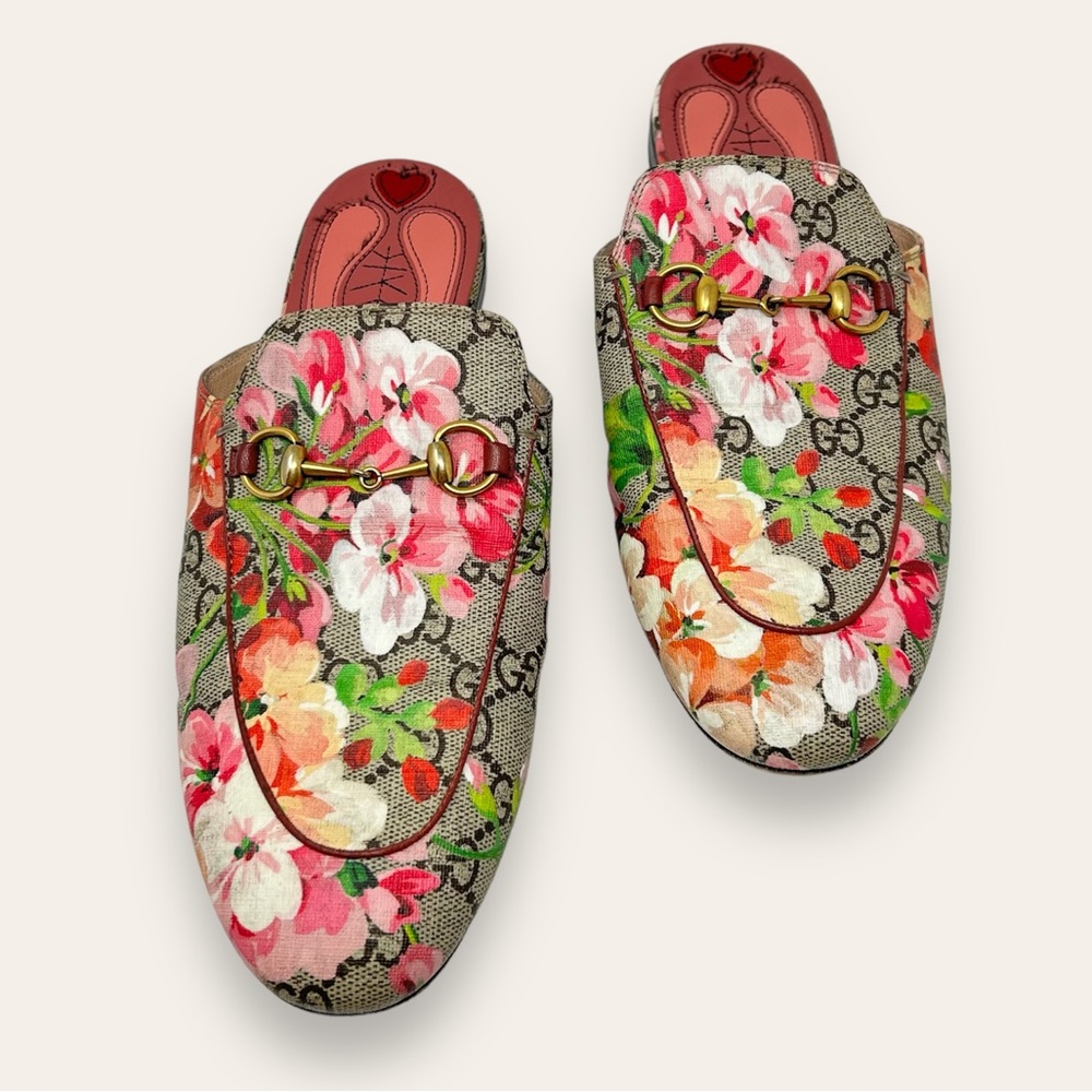 Gucci Pink Princeton GG Floral Blooms Horsebit Slipper Mules 39.5 EU Women’s!